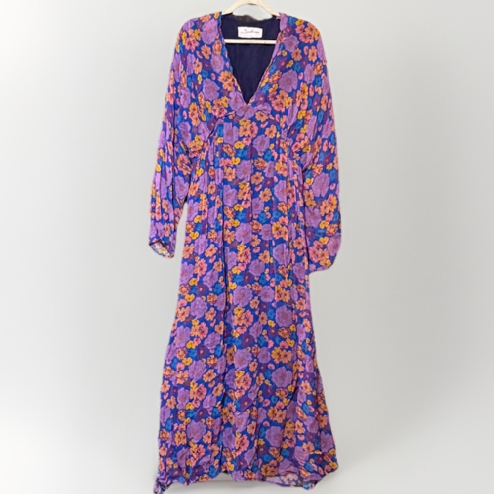 Flowy Sundress Floral Maxi Dress M/L Blue Purple Orange V-Neck Long Sleeve Boho